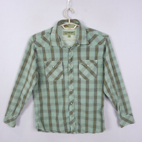 TRUE GRIT Plaid Button Shirt Men M Green Check 90s Streetwear Distressed Grunge